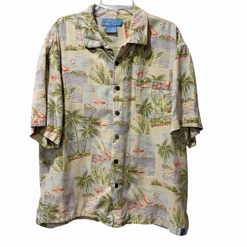 BERMUDA BAY Hawaiian Shirt Men's 2XL Flamingo Floral 100% Silk Vacation Dad